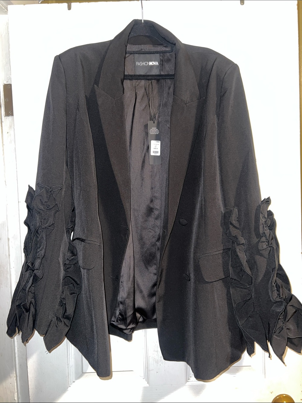 Fashion Nova Black Ruffle Sleeve Satin-Lapel Blazer